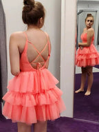 V Neck Layered Coral Short Prom Dresses Homecoming Dresses PD446 by pgmdress