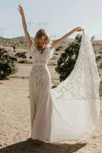 V Neckline Backless Lace Chiffon Bohemian Wedding Dress WD734 by pgmdress