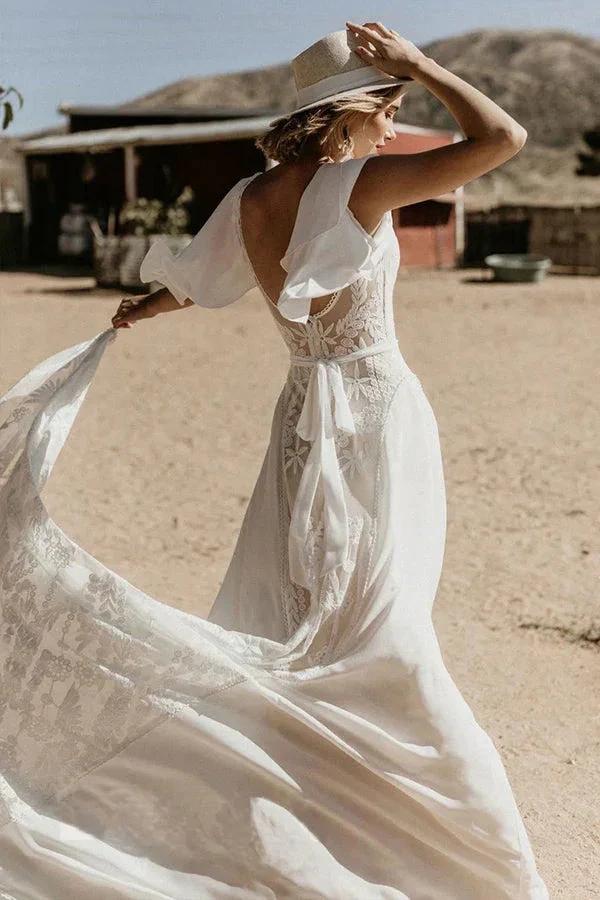 V Neckline Backless Lace Chiffon Bohemian Wedding Dress WD734 by pgmdress