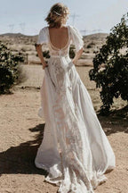 V Neckline Backless Lace Chiffon Bohemian Wedding Dress WD734 by pgmdress