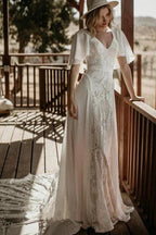 V Neckline Backless Lace Chiffon Bohemian Wedding Dress WD734 by pgmdress