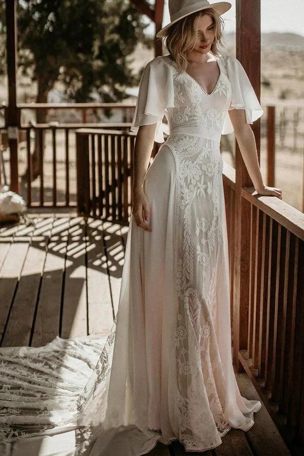 V Neckline Backless Lace Chiffon Bohemian Wedding Dress WD734 by pgmdress