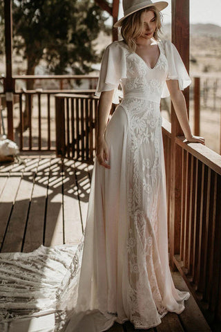 V Neckline Backless Lace Chiffon Bohemian Wedding Dress WD734