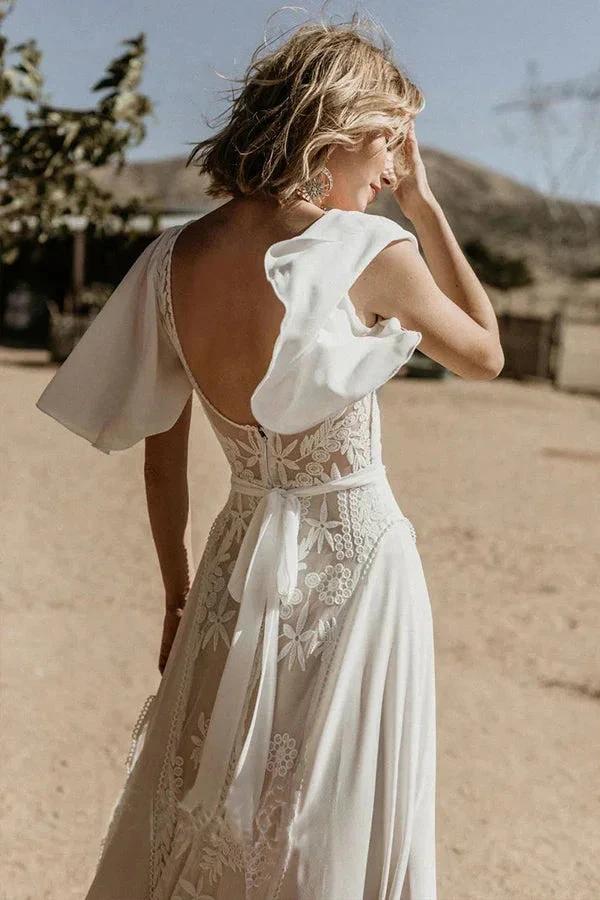 V Neckline Backless Lace Chiffon Bohemian Wedding Dress WD734 by pgmdress