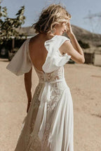 V Neckline Backless Lace Chiffon Bohemian Wedding Dress WD734 by pgmdress