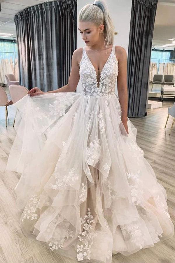 V Neckline Tired Tulle A-line Lace Wedding Dress Floor Length WD608 by pgmdress