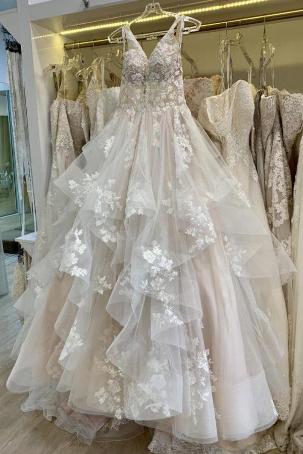 V Neckline Tired Tulle A-line Lace Wedding Dress Floor Length WD608 by pgmdress