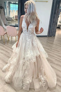 V Neckline Tired Tulle A-line Lace Wedding Dress Floor Length WD608 by pgmdress