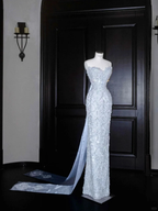 Glamorous Blue Strapless Sequins Beaded sheath Long Prom Dress Evening Dress Y8654 by simplepromdress