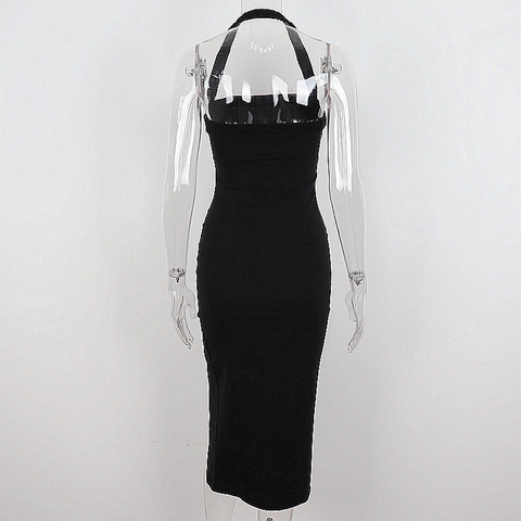 Women's Black Halter Prom Dress With Slit Sexy Black Sleeveless Evening Dress Y1161