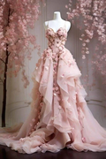 Sweet Pink Chiffon Tulle Appliques Prom Dress Spaghetti Straps Long Evening Dress Y8327 by simplepromdress