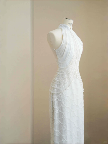 Classy White  Sequins Pearls Chain Sheath Long Prom Dress Evening Dress Y8670