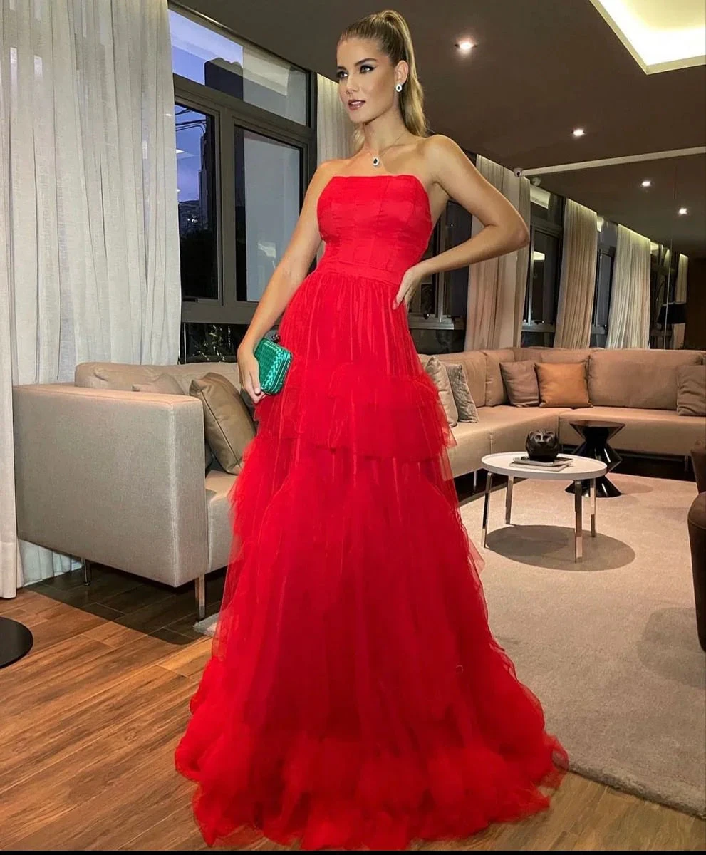 Red Strapless Tulle Prom Dress,Red Long Evening Dress Y2354 by simplepromdress