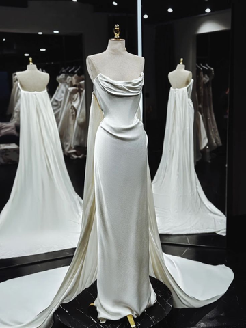 Vestido de novia de satén blanco, elegante, sin tirantes, estilo sirena, vestido de fiesta Y7833