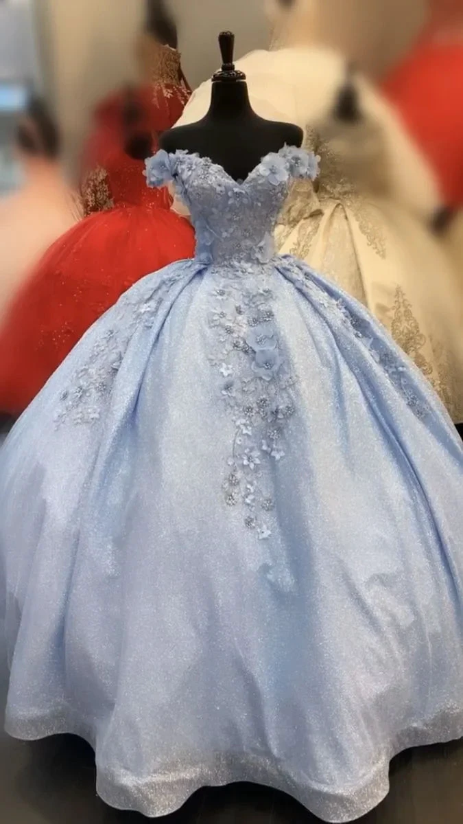 Blue 3D Flowers Puffy Ball Gown Quinceanera Dresses Off The Shoulder Pageant Dress Y4209 by simplepromdress