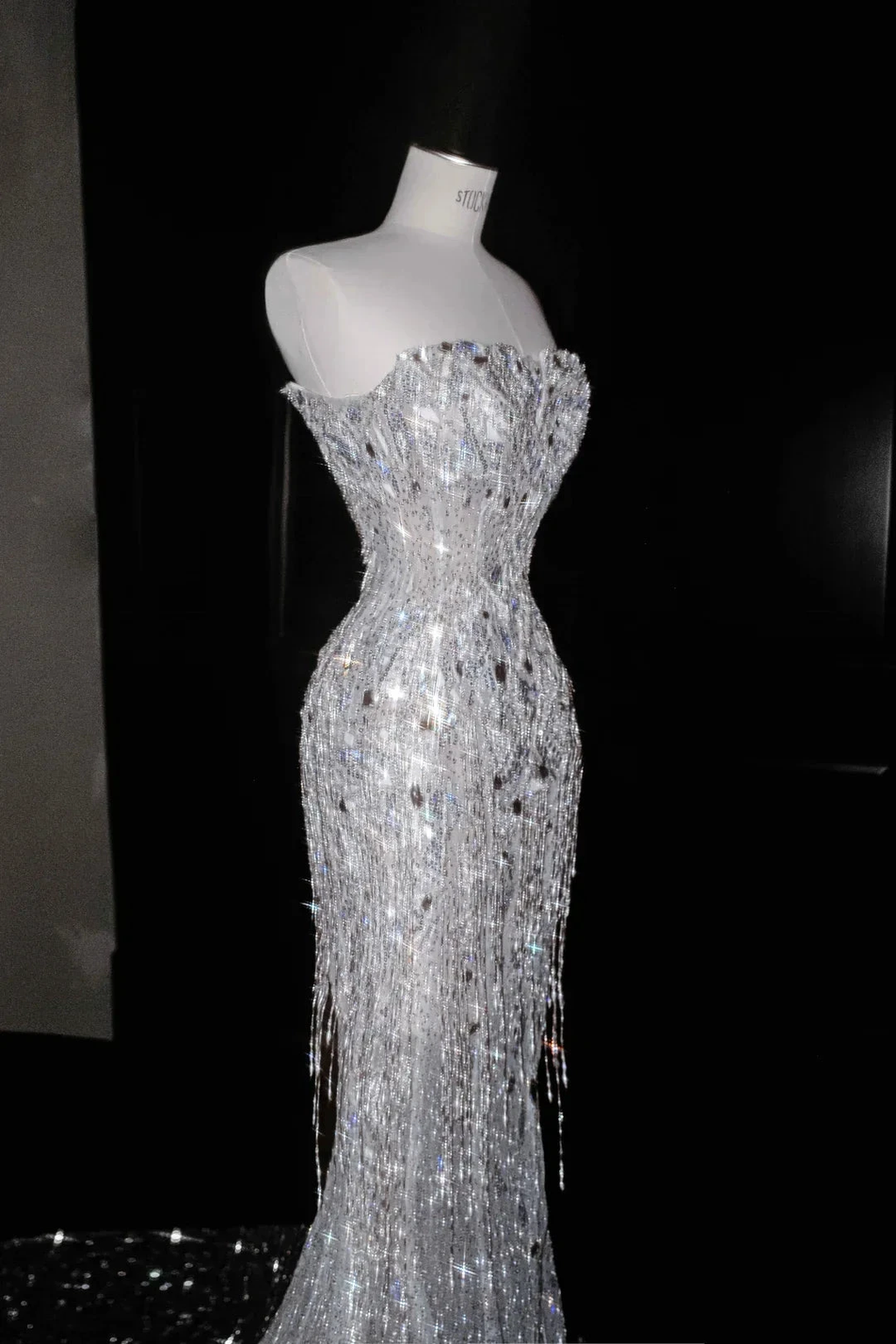 Sparkly Strapless Tulle Sequins Tassel Evening Dress,Slit Mermaid Prom Dress Wedding Dress Y8674 by simplepromdress