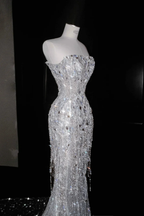 Sparkly Strapless Tulle Sequins Tassel Evening Dress,Slit Mermaid Prom Dress Wedding Dress Y8674 by simplepromdress