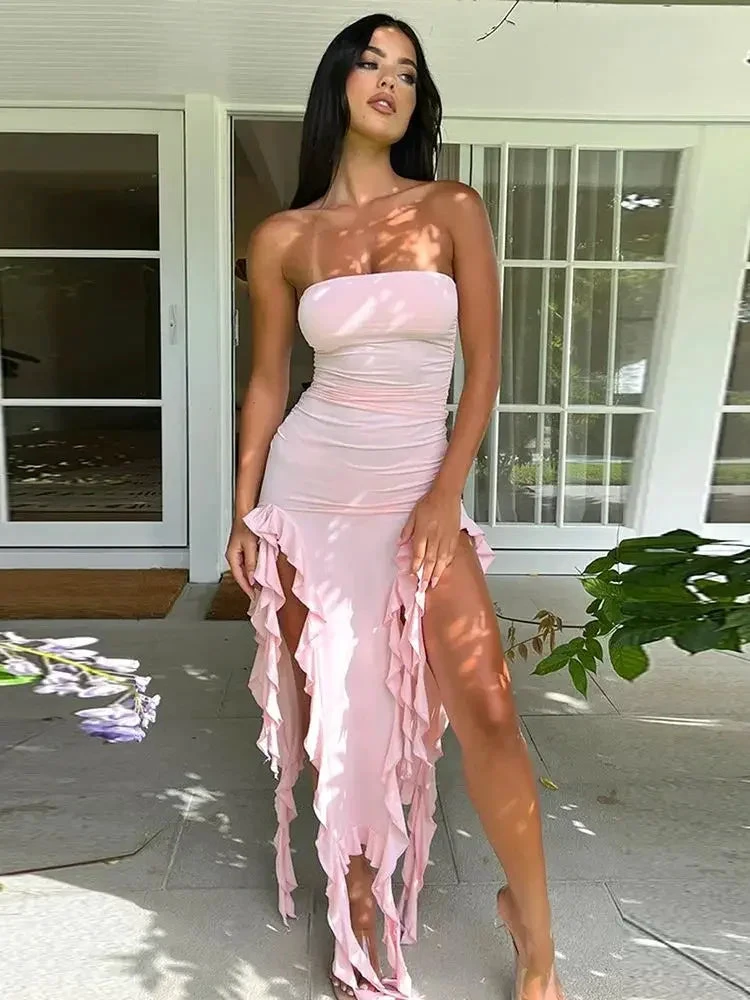 Pink Strapless Ruffle Evening Dress Women Sexy Bodycon Fringe Elegant Sleeveless Backless Holiday Club Party Dress Y6438 by simplepromdress