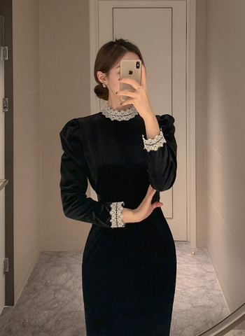 Vestido de noche vintage negro de manga larga, vestido formal negro Y5695
