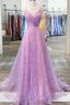Shiny V Neck Backless Long Purple Prom Dress Backless Purple Formal Graduation Evening Dress Y917