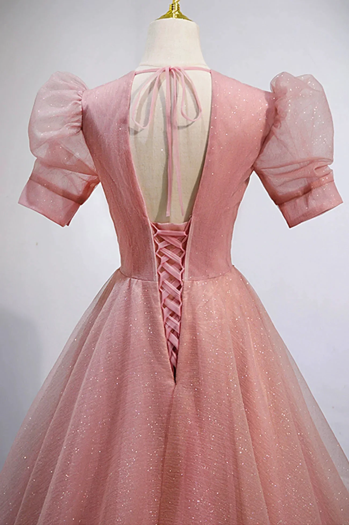Pink V-Neck Tulle Long Prom Dresses A-Line Short Sleeve Evening Dresses Y892 by simplepromdress
