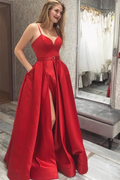 Simple V Neck Red Satin Long Prom Dress with High Slit, V Neck Red Formal Graduation Evening Dress Y220 by simplepromdress