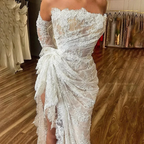Sheath Strapless Bridal Gown Lace Mermaid Ruched Lace High Low Thigh Split Custom Made Wedding Dress Y4435 by simplepromdress