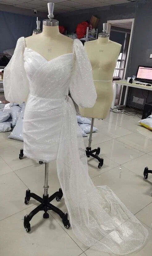 فستان زفاف بأكمام قصيرة منتفخة وياقة قلبية لامع فساتين وصيفات عروس عصرية لزي الحفلات Y1208