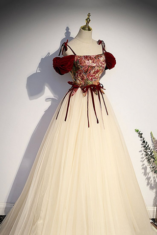Vestido de fiesta largo con tirantes finos de tul color champán, corte A, Y7952