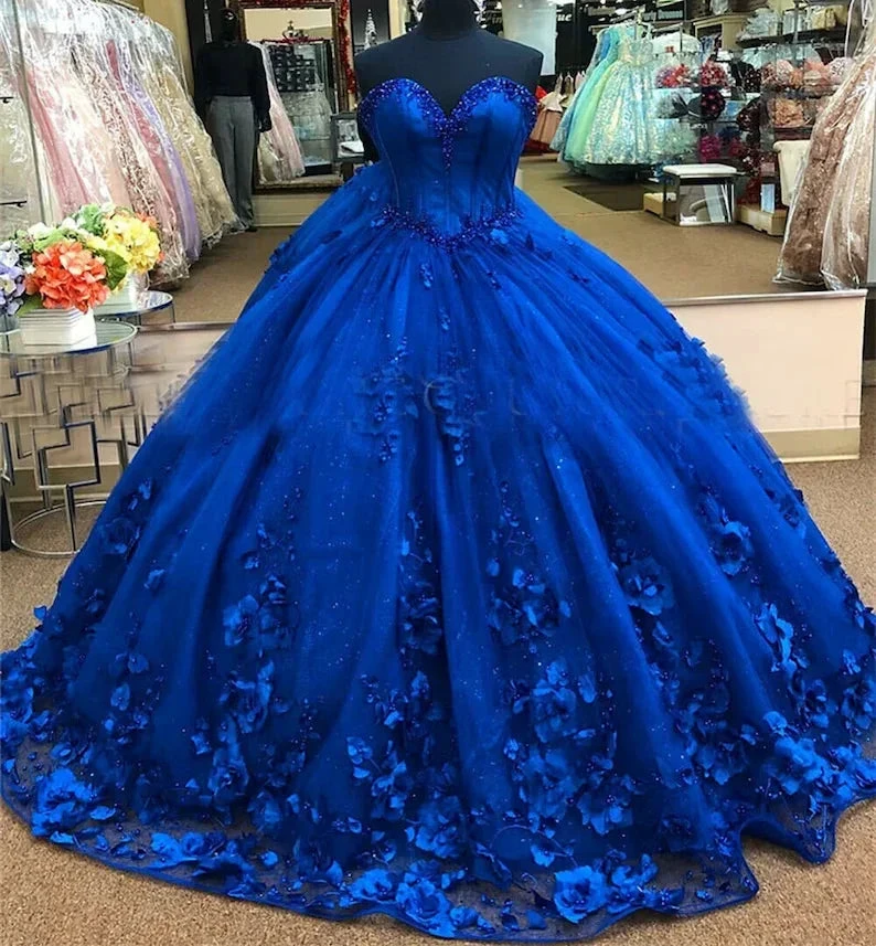 Royal Blue Princess Dress Royal Blue Quinceanera Dress With 3D Flowers Stunning Ball Gown Y281 by simplepromdress