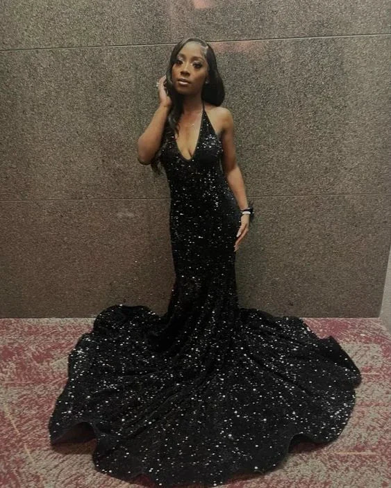 V-Neck Halter Backless Sequins Mermaid Long Prom Evening Dress With Sweep Train Y5939 by simplepromdress