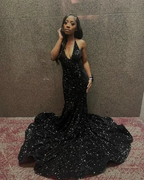 V-Neck Halter Backless Sequins Mermaid Long Prom Evening Dress With Sweep Train Y5939 by simplepromdress