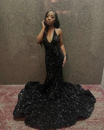 V-Neck Halter Backless Sequins Mermaid Long Prom Evening Dress With Sweep Train Y5939 by simplepromdress