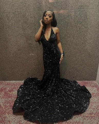 V-Neck Halter Backless Sequins Mermaid Long Prom Evening Dress With Sweep Train Y5939