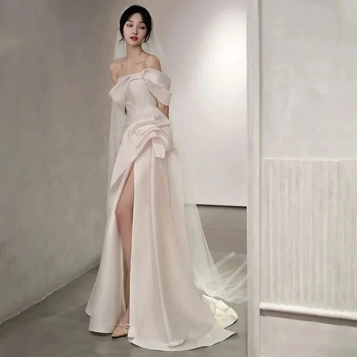 Off Shoulder Satin Wedding Dress White Mermaid Long Bridal Gown with Slit Y7336 by simplepromdress