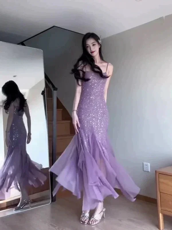 Sexy Mermaid Spaghetti Straps Purple Chiffon Beaded Evening Dress Prom Dress Y7812 by simplepromdress