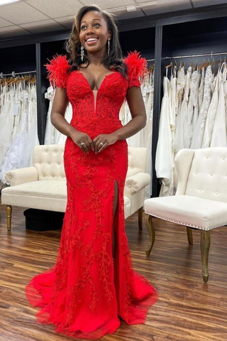 Red Lace Mermaid Prom Dress With Split Red Evening Dress Y5721