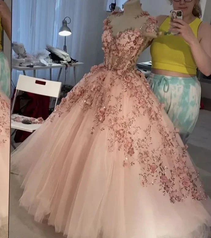 Blush Pink Flowers Applique Ball Gown,A Line Tulle Prom Dresses,Quinceanera Dresses Y388 by simplepromdress