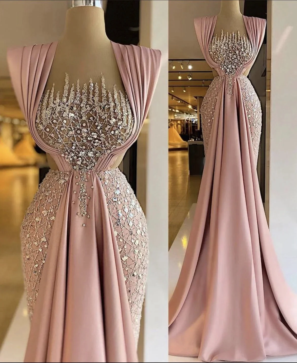 Elegant blush pink evening gown with sequin embellishments on display at ZAPDRESS