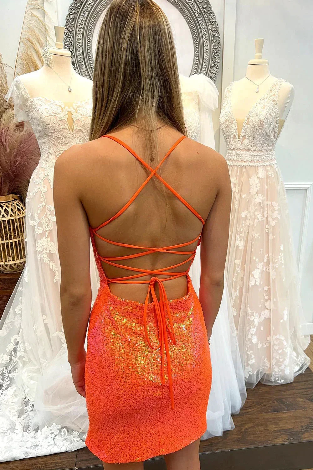 Lace-Up Sequin Short Homecoming Dress with Slit Y2947 by simplepromdress