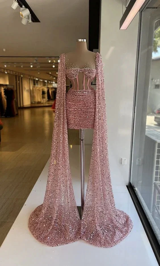 Sequins Sparkling Elegant Prom Dresses With Long Wrap Train Short Mini Length Women Sexy Party Cocktail Gowns Custom Made Y2983 by simplepromdress