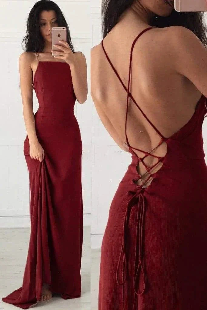 Sexy Spaghetti Straps Burgundy Formal Prom Dress Backless Evening Dress Y7769 by simplepromdress
