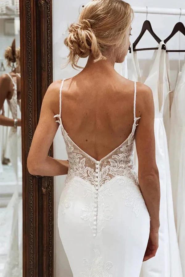 V Neck Mermaid Spaghetti Straps White Wedding Dress WD736 by pgmdress