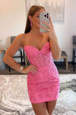 Lace-Up Appliques Strapless Sheath Homecoming Dress Y2490