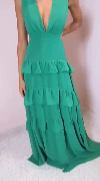Emerald Green Deep V Neck Layered Ruffles Evening Dress Backless Long Prom Dress Y8386 by simplepromdress