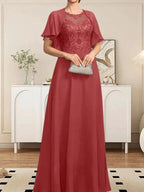 A-line Scoop Illusion Floor-Length Lace Chiffon Mother of the Bride Dress With Sequins by Dreamylily