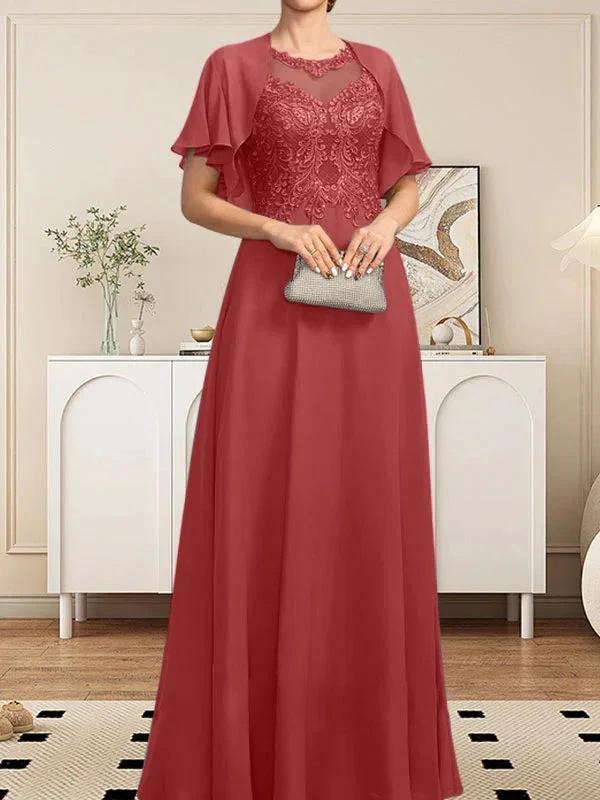 A-line Scoop Illusion Floor-Length Lace Chiffon Mother of the Bride Dress With Sequins by Dreamylily