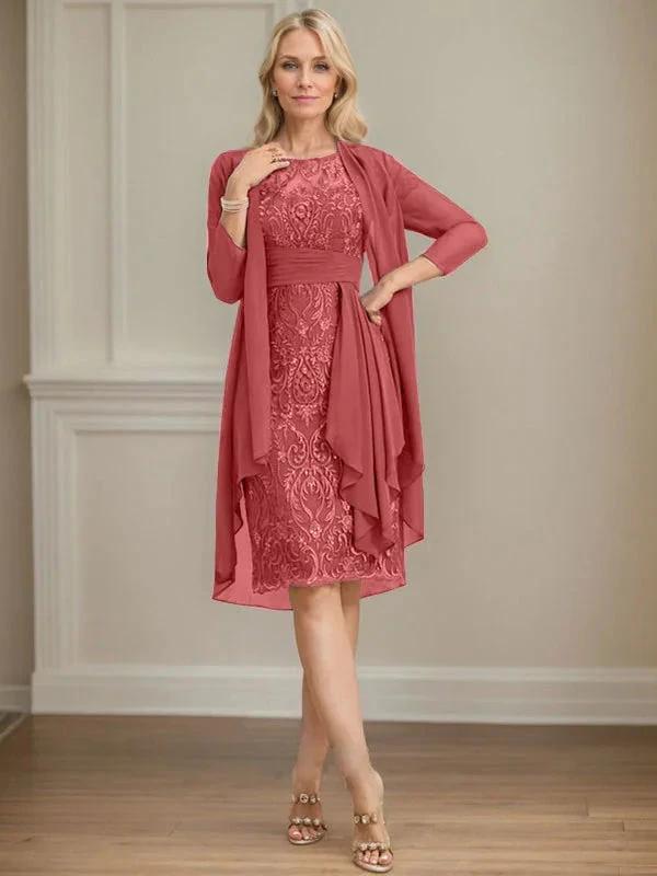 Sheath/Column Scoop Illusion Knee-Length Lace Chiffon Mother of the Bride Dress With Cascading Ruffles Sequins by Dreamylily