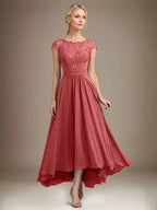 A-line Scoop Illusion Asymmetrical Lace Chiffon Mother of the Bride Dress With Pleated by Dreamylily