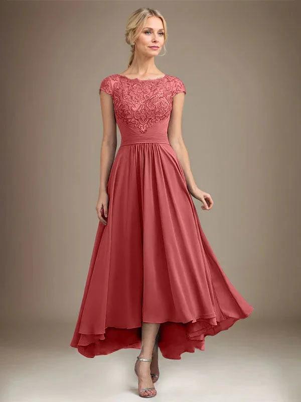 A-line Scoop Illusion Asymmetrical Lace Chiffon Mother of the Bride Dress With Pleated by Dreamylily